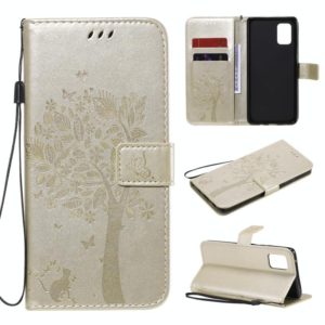 For Samsung Galaxy A71 5G Tree & Cat Embossed Pattern Horizontal Flip Leather Case with Holder & Card Slots & Wallet & Lanyard(Gold) (OEM)