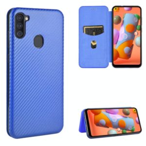 For Samsung Galaxy A11(EU Version) Carbon Fiber Texture Horizontal Flip TPU + PC + PU Leather Case with Rope & Card Slot(Blue) (OEM)