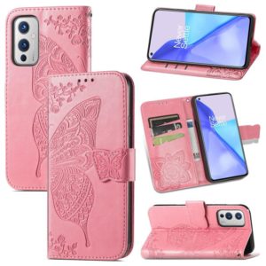 For OnePlus 9 Butterfly Love Flowers Embossed Horizontal Flip Leather Case with Holder & Card Slots & Wallet & Lanyard(Pink) (OEM)