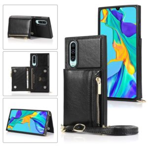 For Huawei P30 Square Zipper Wallet Bag TPU+PU Back Cover Case with Holder & Card Slots & Wallet & Cross-body Strap(Black) (OEM)