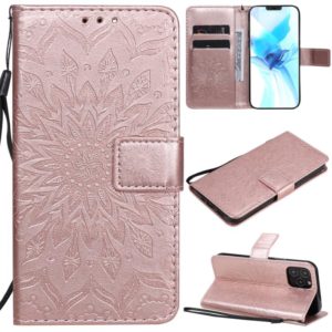 For iPhone 12 / 12 Pro Pressed Printing Sunflower Pattern Horizontal Flip PU Leather Case Holder & Card Slots & Wallet & Lanyard(Rose Gold) (OEM)