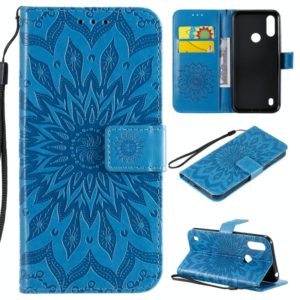 For Motorola Moto E6s (2020) Pressed Printing Sunflower Pattern Horizontal Flip PU Leather Case Holder & Card Slots & Wallet & Lanyard(Blue) (OEM)