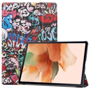 For Samsung Galaxy Tab S7 Lite T730 / T735 / Tab S7 FE T736 Custer Painted PU Leather Case with Sleep / Wake-up Function & 3-Fold Holder(Graffiti) (OEM)