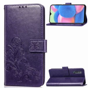 For Galaxy A30S Four-leaf Clasp Embossed Buckle Mobile Phone Protection Leather Case with Lanyard & Card Slot & Wallet & Bracket Function(Purple) (OEM)
