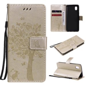 For Samsung Galaxy A01 Core Tree & Cat Pattern Pressed Printing Horizontal Flip PU Leather Case with Holder & Card Slots & Wallet & Lanyard(Gold) (OEM)
