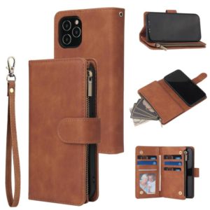 For iPhone 12 / 12 Pro Multifunctional Retro Frosted Horizontal Flip Leather Case with Card Slot & Holder & Zipper Wallet & Photo Frame & Lanyard(Brown) (OEM)