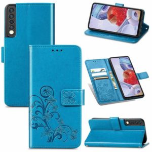 For LG Stylo 7 4G Four-leaf Clasp Embossed Buckle Mobile Phone Protection Leather Case with Lanyard & Card Slot & Wallet & Bracket Function(Blue) (OEM)