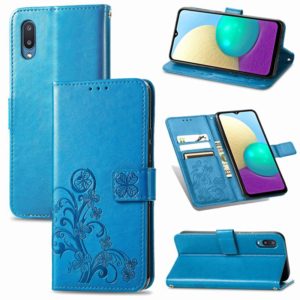 For Samsung Galaxy A02 Four-leaf Clasp Embossed Buckle Mobile Phone Protection Leather Case with Lanyard & Card Slot & Wallet & Bracket Function(Blue) (OEM)