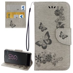 For Sony Xperia E5 Butterflies Embossing Horizontal Flip Leather Case with Holder & Card Slots & Wallet & Lanyard(Grey) (OEM)