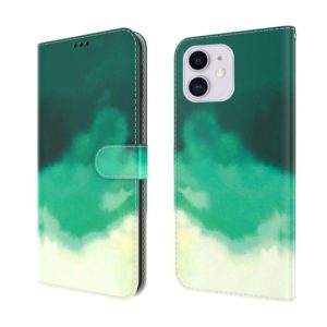 For iPhone 12 / 12 Pro Watercolor Pattern Horizontal Flip Leather Case with Holder & Card Slot & Wallet(Cyan Green) (OEM)
