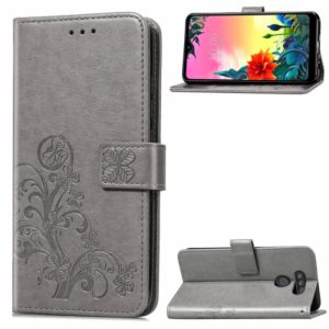 For LG K50S Four-leaf Clasp Embossed Buckle Mobile Phone Protection Leather Case with Lanyard & Card Slot & Wallet & Bracket Function(Gray) (OEM)