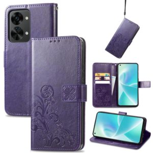 For OnePlus Nord 2T Four-leaf Clasp Embossed Buckle Leather Phone Case(Purple) (OEM)