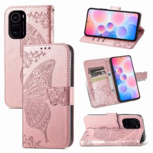 For Xiaomi Redmi K40 /K40 Pro /K40 Pro+ Butterfly Love Flowers Embossed Horizontal Flip Leather Case with Holder & Card Slots & Wallet & Lanyard(Rose Gold) (OEM)