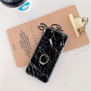 For iPhone 11 Pro Max TPU Smooth Marble with Ring Metal Rhinestone Bracket Mobile Phone Protective Case(Gold Jade Q1) (OEM)