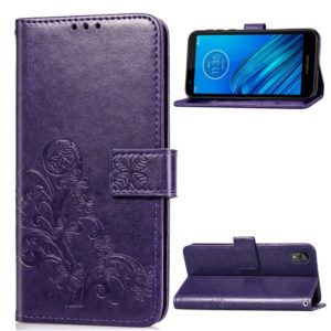 For Moto E6 Four-leaf Clasp Embossed Buckle Mobile Phone Protection Leather Case with Lanyard & Card Slot & Wallet & Bracket Function(Purple) (OEM)