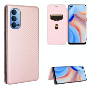 For OPPO Reno4 5G Carbon Fiber Texture Horizontal Flip TPU + PC + PU Leather Case with Card Slot(Pink) (OEM)