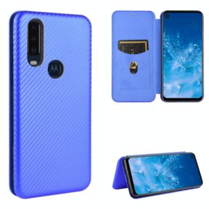 For Motorola Moto P40 Power / One Action Carbon Fiber Texture Horizontal Flip TPU + PC + PU Leather Case with Rope & Card Slot(Blue) (OEM)
