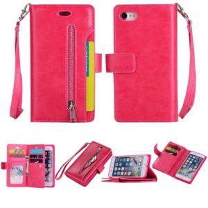 For iPhone SE 2022 / SE 2020 / 8 / 7 Multifunctional Zipper Horizontal Flip Leather Case with Holder & Wallet & 9 Card Slots & Lanyard(Rose Red) (OEM)