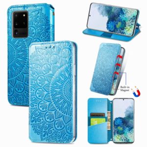 For Samsung Galaxy S20 Ultra Blooming Mandala Embossed Pattern Magnetic Horizontal Flip Leather Case with Holder & Card Slots & Wallet(Blue) (OEM)