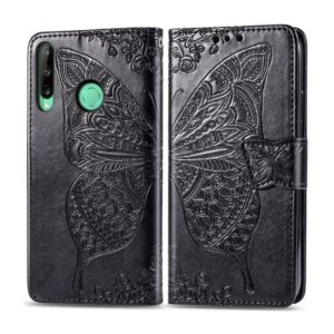 For Huawei Y7P Butterfly Love Flower Embossed Horizontal Flip Leather Case with Bracket / Card Slot / Wallet / Lanyard(Black) (OEM)