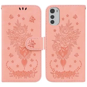 For Motorola Moto E32 Butterfly Rose Embossed Leather Phone Case(Pink) (OEM)