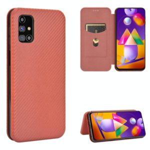 For Samsung Galaxy M31s Carbon Fiber Texture Horizontal Flip TPU + PC + PU Leather Case with Rope & Card Slot(Brown) (OEM)