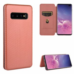 For Samsung Galaxy S10 Plus Carbon Fiber Texture Horizontal Flip TPU + PC + PU Leather Case with Rope & Card Slot(Brown) (OEM)