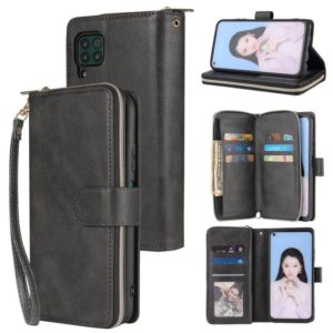 For Huawei P40 Lite Zipper Wallet Bag Horizontal Flip PU Leather Case with Holder & 9 Card Slots & Wallet & Lanyard & Photo Frame(Black) (OEM)