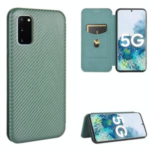 For Samsung Galaxy S20 Carbon Fiber Texture Horizontal Flip TPU + PC + PU Leather Case with Rope & Card Slot(Green) (OEM)