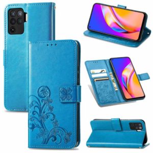 For OPPO A94 5G / F19 Pro+ / Reno5 Z Four-leaf Clasp Embossed Buckle Mobile Phone Protection Leather Case with Lanyard & Card Slot & Wallet & Bracket Function(Blue) (OEM)