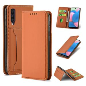 For Samsung Galaxy A30s Strong Magnetism Liquid Feel Horizontal Flip Leather Case with Holder & Card Slots & Wallet(Brown) (OEM)