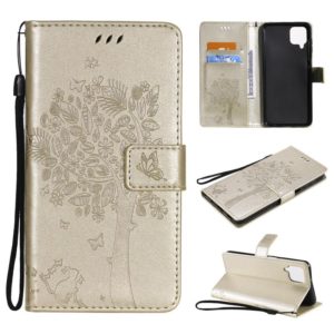 For Samsung Galaxy A12 Tree & Cat Pattern Pressed Printing Horizontal Flip PU Leather Case with Holder & Card Slots & Wallet & Lanyard(Gold) (OEM)