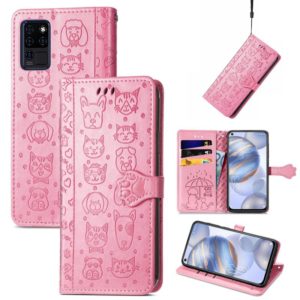For Oukitel C21 Lovely Cat and Dog Embossing Pattern Horizontal Flip Leather Case , with Holder & Card Slots & Wallet & Cartoon Clasp & Lanyard(Pink) (OEM)