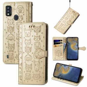 For ZTE A51 Lovely Cat and Dog Embossing Pattern Horizontal Flip Leather Case , with Holder & Card Slots & Wallet & Cartoon Clasp & Lanyard(Gold) (OEM)