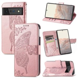 For Google Pixel 6 Butterfly Love Flowers Embossed Horizontal Flip Leather Case with Holder & Card Slots & Wallet & Lanyard(Rose Gold) (OEM)