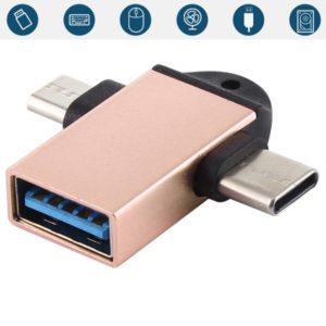 USB 3.0 Female to USB-C / Type-C Male + Micro USB Male Multi-function OTG Adapter with Sling Hole (Gold) (OEM)