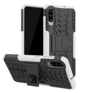 Shockproof PC + TPU Tire Pattern Case for Galaxy A70, with Holder (White) (OEM)