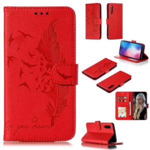 Feather Pattern Litchi Texture Horizontal Flip Leather Case with Wallet & Holder & Card Slots For Xiaomi Mi 9(Red) (OEM)