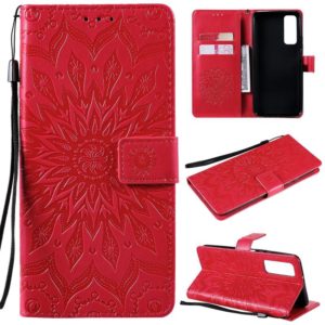 For Huawei P Smart 2021 Sun Embossing Pattern Horizontal Flip Leather Case with Card Slot & Holder & Wallet & Lanyard(Red) (OEM)