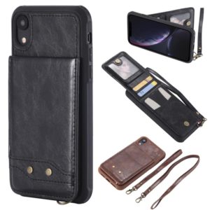 For iPhone XR Vertical Flip Shockproof Leather Protective Case with Long Rope, Support Card Slots & Bracket & Photo Holder & Wallet Function(Black) (OEM)