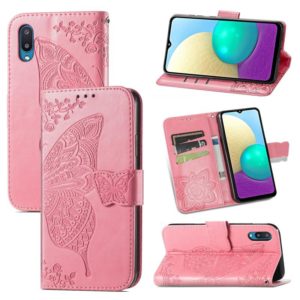 For Samsung Galaxy A02 Butterfly Love Flower Embossed Horizontal Flip Leather Case with Bracket & Card Slot & Wallet & Lanyard(Pink) (OEM)