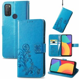 For Alcatel 1S 2021 Four-leaf Clasp Embossed Buckle Mobile Phone Protection Leather Case with Lanyard & Card Slot & Wallet & Bracket Function(Blue) (OEM)