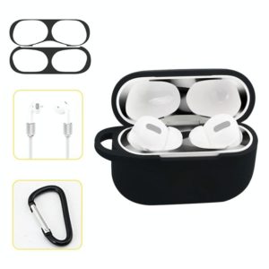 For AirPods Pro Silicone Wireless Earphone Protective Case Storage Box with Hook & Anti-drop Rope(Black+Black Inner Sticker) (OEM)