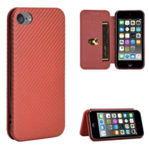 For iPod Touch 5 / 6 / 7 Carbon Fiber Texture Horizontal Flip TPU + PC + PU Leather Case with Card Slot(Brown) (OEM)