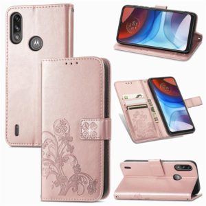 For Motorola E7 Power Four-leaf Clasp Embossed Buckle Mobile Phone Protection Leather Case with Lanyard & Card Slot & Wallet & Bracket Function(Rose Gold) (OEM)