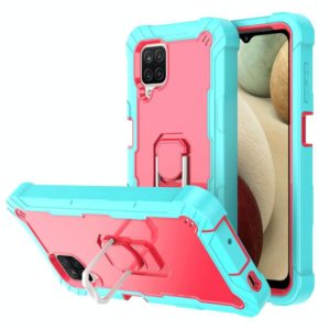 For Samsung Galaxy A12 5G PC + Rubber 3-layers Shockproof Protective Case with Rotating Holder(Mint Green + Rose Red) (OEM)