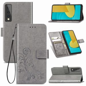 For LG Stylo 7 Four-leaf Clasp Embossed Buckle Mobile Phone Protection Leather Case with Lanyard & Card Slot & Wallet & Bracket Function(Grey) (OEM)