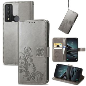 For TCL 20 XE Four-leaf Clasp Embossed Buckle Mobile Phone Leather Case(Gray) (OEM)