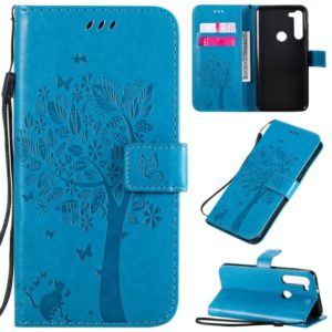 For Motorola Moto G8 Power Tree & Cat Embossed Pattern Horizontal Flip Leather Case with Holder & Card Slots & Wallet & Lanyard(Blue) (OEM)