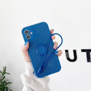 For iPhone 12 Heat Dissipation Cooling Holes Liquid Silicone Straight Edge Shockproof Case with Ring Holder & Strap(Dark Blue) (OEM)